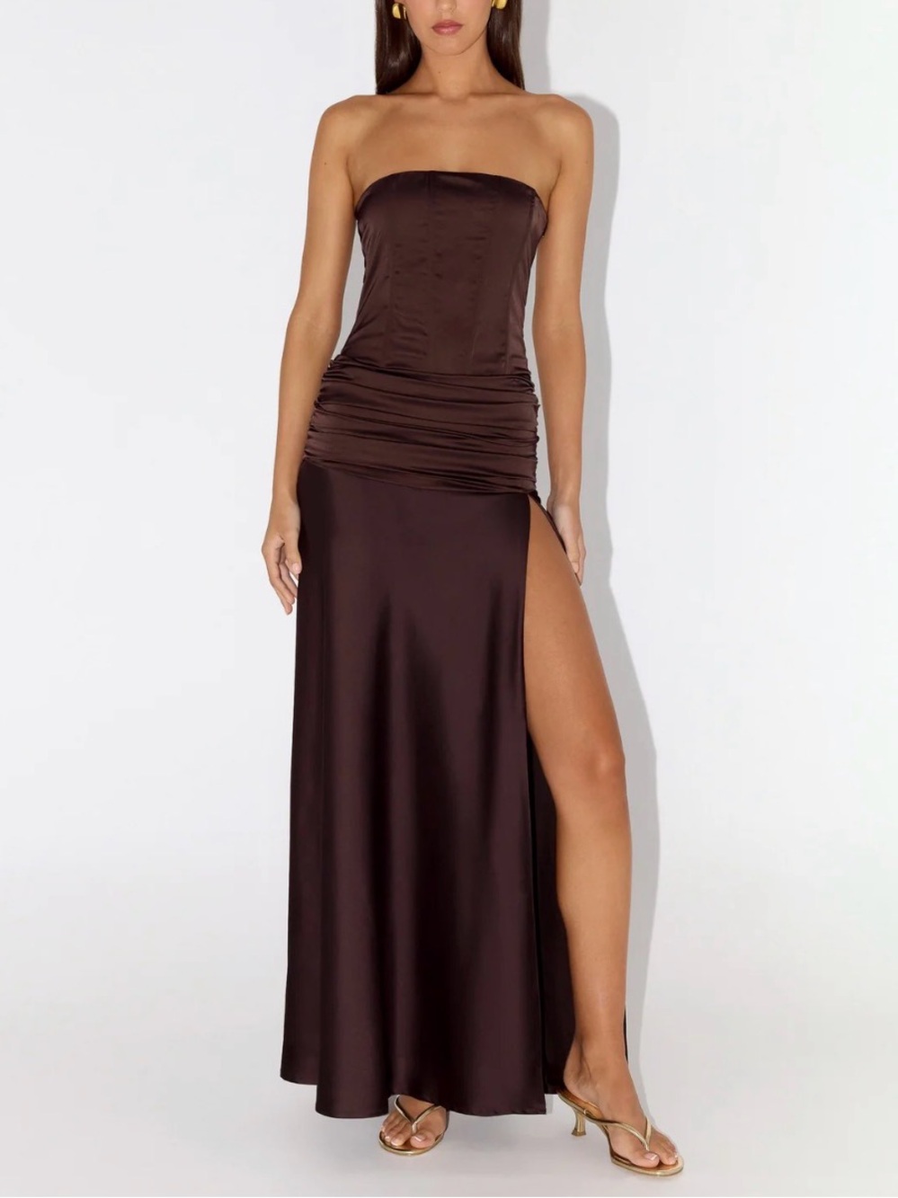 Peppermayo Strapless Satin Maxi Dress in Chocolate Brown with High Slit